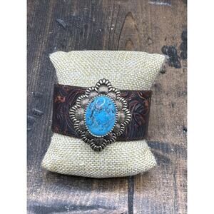 Barse Oval Turquoise Wide Cuff Bracelet-Bronze- Leather-NWT